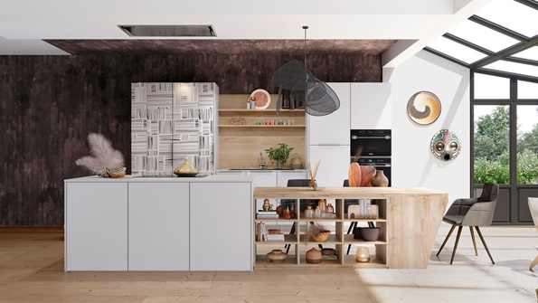 Cuisine blanche aux façades imprimées