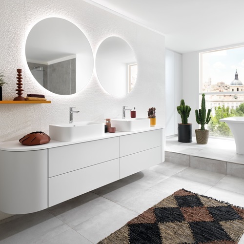 Meuble de salle de bain arrondi blanc et gris