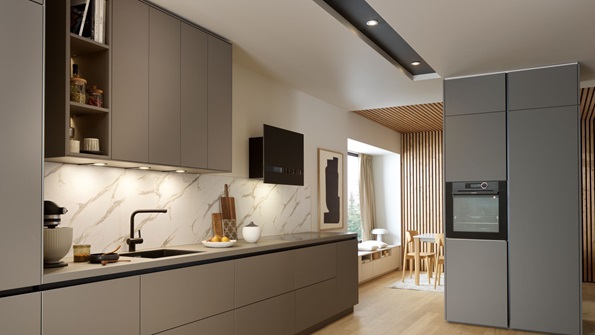 Cuisine grise moderne en longueur