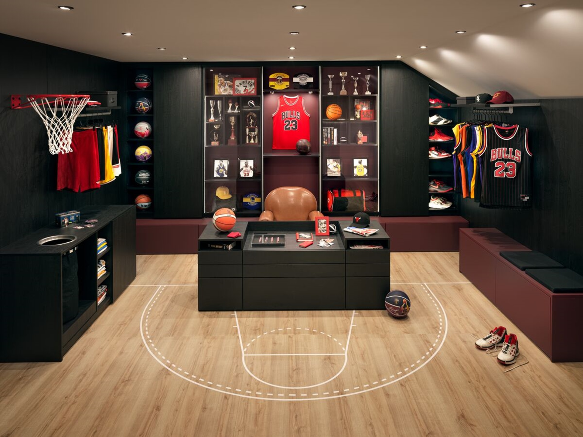Dressing avec ilot style vestiaire sportif joueur de basket