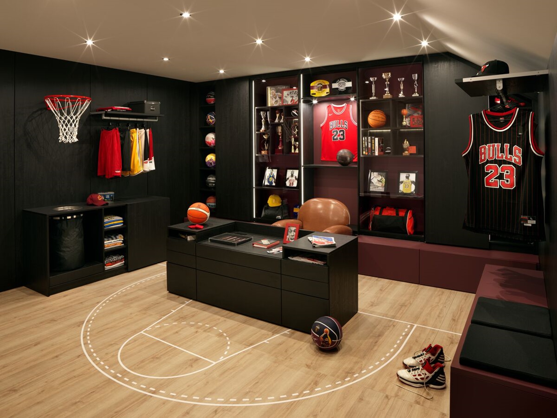 Dressing avec ilot style vestiaire sportif joueur de basket
